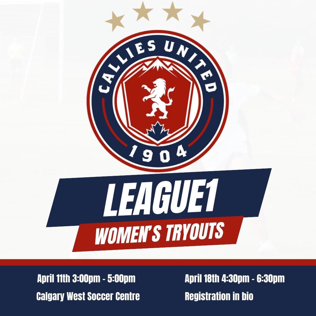 WOMENS SOCCER TRYOUTS League One Alberta &amp; Alberta Major Soccer League

April 11th 3:00pm - 5:00pm

April 18th 4:30pm - 6:30pm

Women born in 2008 and older

Calgary West Soccer Centre, 11014

Bearspaw Dam Rd NW, Calgary, AB T3L 154

Register Here: cswusoccer.powerupsports.com