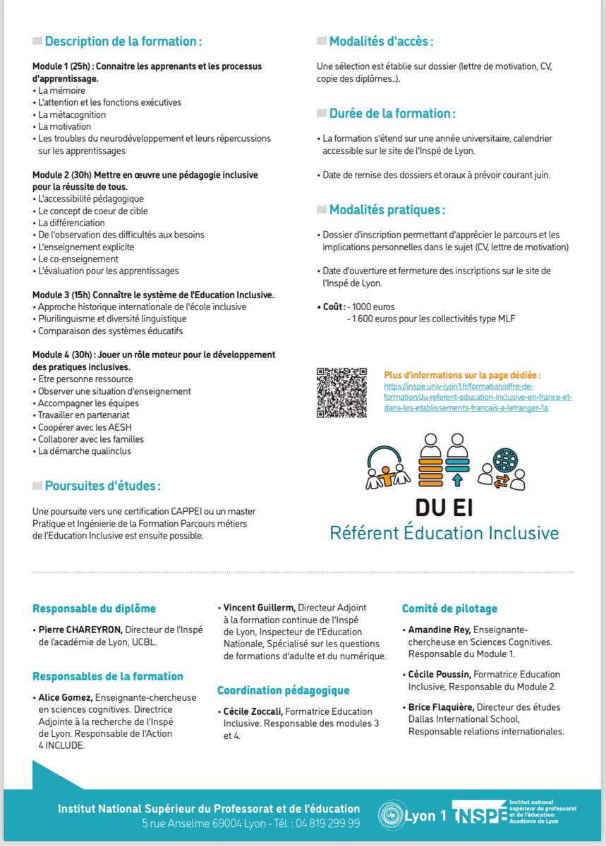 Les inscriptions au DU Référent Éducation Inclusive sont ouvertes partout en France et à l’étranger! 

Accessible 100% en ligne. 

Pour plus d’infos:
miniurl.be/r-5ce0

<a href="/UnivLyon1/">Université Lyon 1</a> <a href="/academielyon/">Académie de Lyon</a> <a href="/reseau_canope/">Réseau Canopé</a> <a href="/AGEEM_National/">AGEEM National</a> 
#teampe