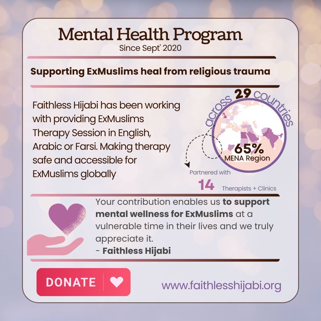 Help others find support as they navigate life after faith. Your donation makes a difference. 

Mental Health Programme buff.ly/4byaW0R 

#MentalHealthProgramme #Testimonials #ReligiousTrauma #Healing #TraumaInformedTherapy #FaithlessHijabi #ExMuslim