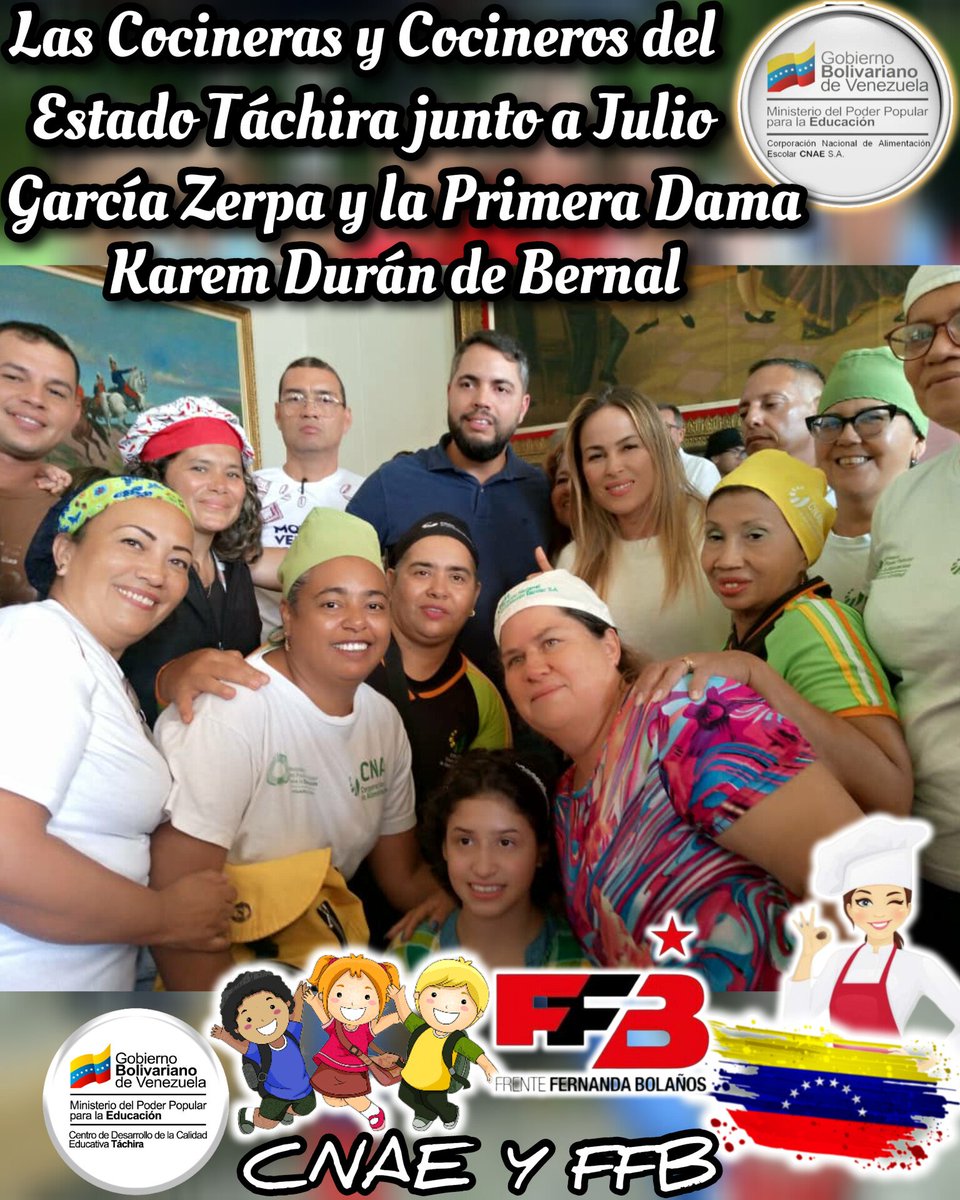 El sábado 6 Abril nuestras Cocineras y Cocineros del Estado Tachira presentes junto al Diputado Julio García Zerpa y la Primera Dama del Estado Karem de Bernal en el Congreso de la Nueva Época Táchira🟠🔵🔴🇻🇪
<a href="/NicolasMaduro/">Nicolás Maduro</a> 
@MPPEDUCACION
<a href="/_LaAvanzadora/">Yelitze Santaella</a> 
<a href="/cnaeoficial/">cnaeoficial</a>