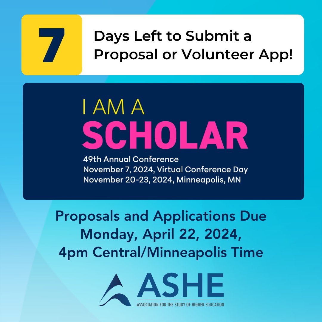 🗓️ 7 days left! Don't hit snooze this week to complete your conference proposal and volunteer application. Prepare your finishing touches and get ready to submit. Have a specific question or technical issue? You can always email us at conference@ashe.ws for assistance.