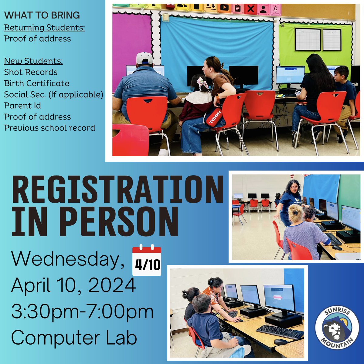 Come by this Wednesday afternoon and use our computer lab to register your child. We will be available to scan documents or help you with login info.*Este miercoles podra venir a registrar a sus estudiantes. Las computadoras estarán disponibles.