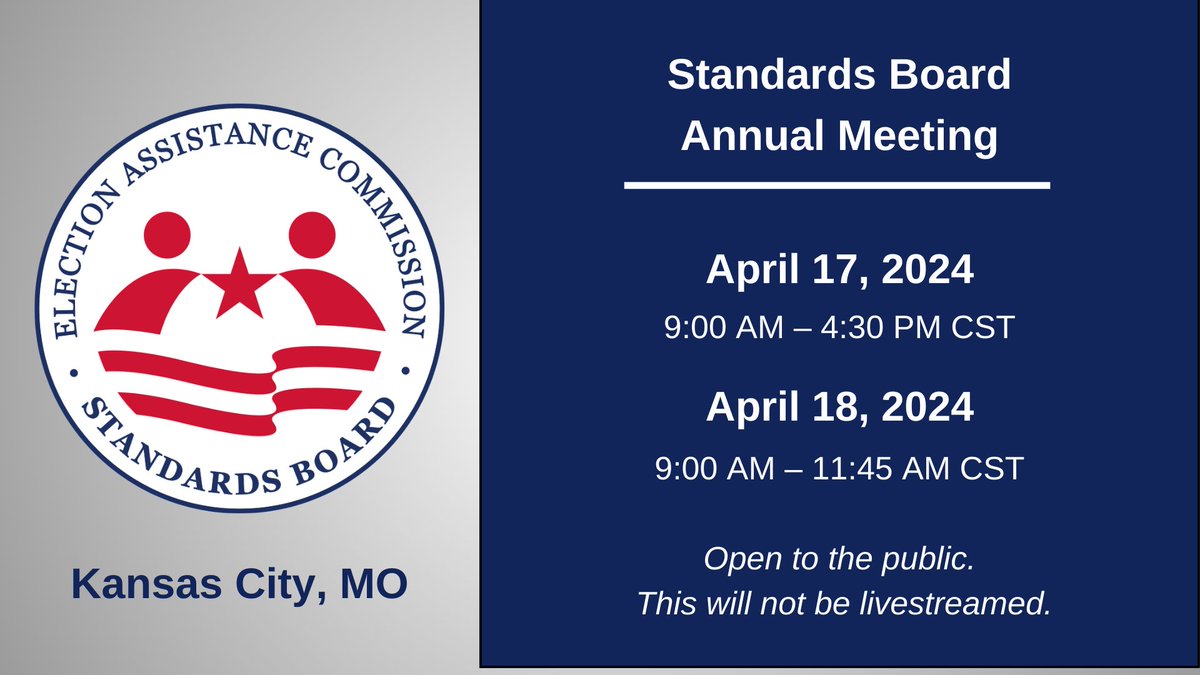 The @EACgov's Standards Board Annual Meeting is next week! Topics of discussion will include the presidential primaries, impact of artificial intelligence in elections, and preparations for the general election. eac.gov/events/2024/04…