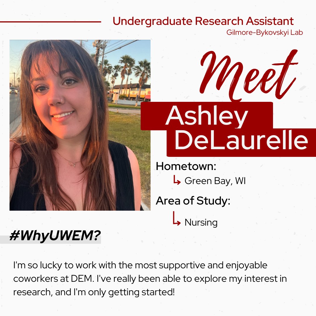 Ashley is graduating with her BSN from @UWNursing next month and will continue working in healthcare as an RN with the @UWHealth Hematology-Oncology Unit. She primarily works on the @GilmoreLabUW Lucidity Study supporting data characterization and literature searches.