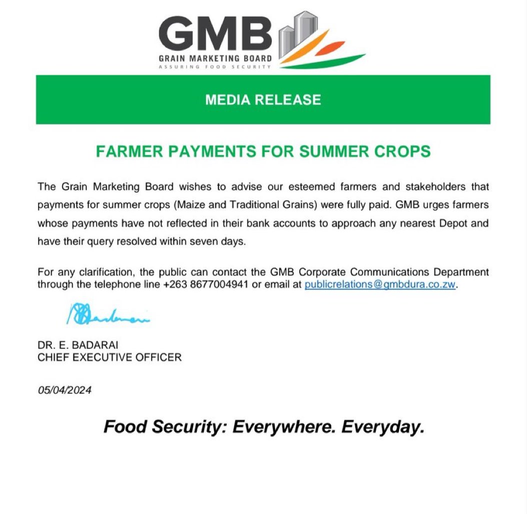 The GMB has finally cleared outstanding payments for the 2022-23 season. It is criminal to make this entity the sole buyer of grain in Zimbabwe. This is killing agriculture. Never mind drought a lot of grain farmers were to broke to grow anything this year.