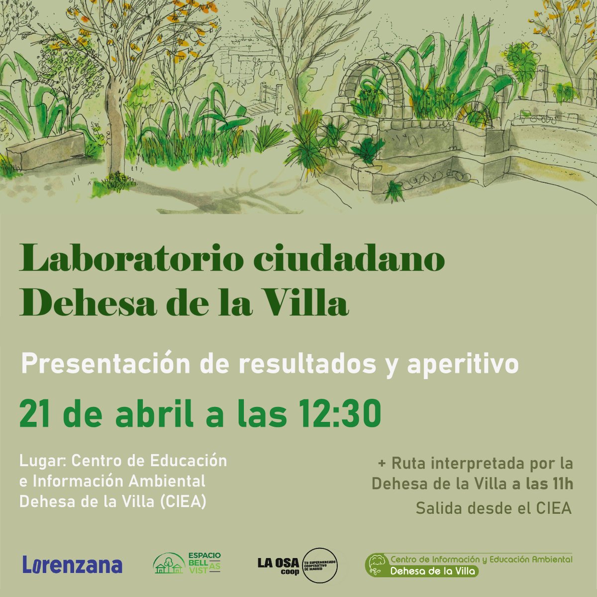 El domingo 21 de abril a las 12:30 se presentarán los proyectos realizados en el Laboratorio ciudadano de la Dehesa de la Villa. El evento será en el Centro de Educación e Información Ambiental (CEIA) y habrá un aperitivo posterior. Presioso cartel de @Archisauvage: