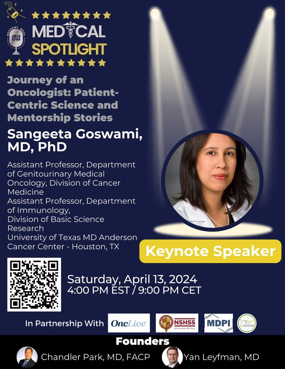 🎉 We are excited to be Shining the Spotlight on the work of Global Innovator & Keynote Speaker, Dr. Sangeeta Goswami as she discusses the Journey of an Oncologist: Patient-Centric Science and Mentorship Stories. 🗓️: 13th April, 2024 (Saturday) ⏰: 4:00pm EST / 9:00pm CET