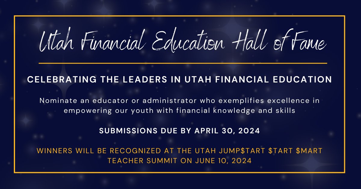 Nominate a Utah educator or administrator who exemplifies excellence in empowering our youth with financial knowledge and skills. Nominations are due by April 30. @UTBoardofEd treasurer.utah.gov/halloffame/