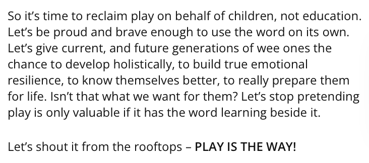 Absolutely LOVE this @UpstartScot @DawnEwan5 

I am up in the rooftop with you shouting - PLAY IS THE WAY!

#PlayIsTheWay
#GiveThemTime
#ChildrensRightToPlay
#PlayForPlaysSake
#ReclaimPlay
#UNCRCScotland
#RightToPlay
#LetThemPlay
#PlayfulChildhood
#BeProudandBrave