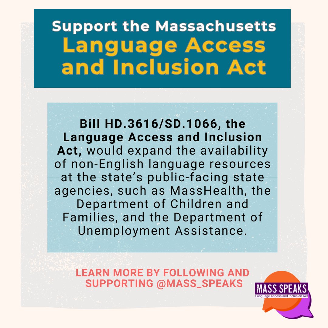 April is Language Access month! Join the @mass_speaks coalition and urge your legislators to make the Language Access and Inclusion Act a priority in Massachusetts. Learn more by following and supporting @mass_speaks.