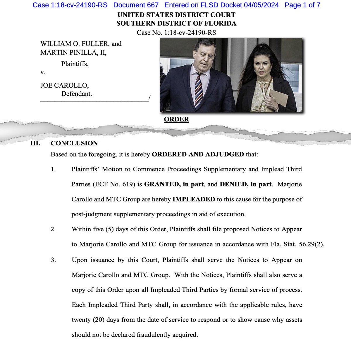 #BREAKING: Federal Magistrate Judge Lauren F. Lotus orders Miami Commissioner Joe Carollo's fourth wife, Marjorie, to address allegations that they’re engaged in a fraudulent scheme to hide assets to avoid paying the $63.5 million corruption judgment against him #BecauseMiami