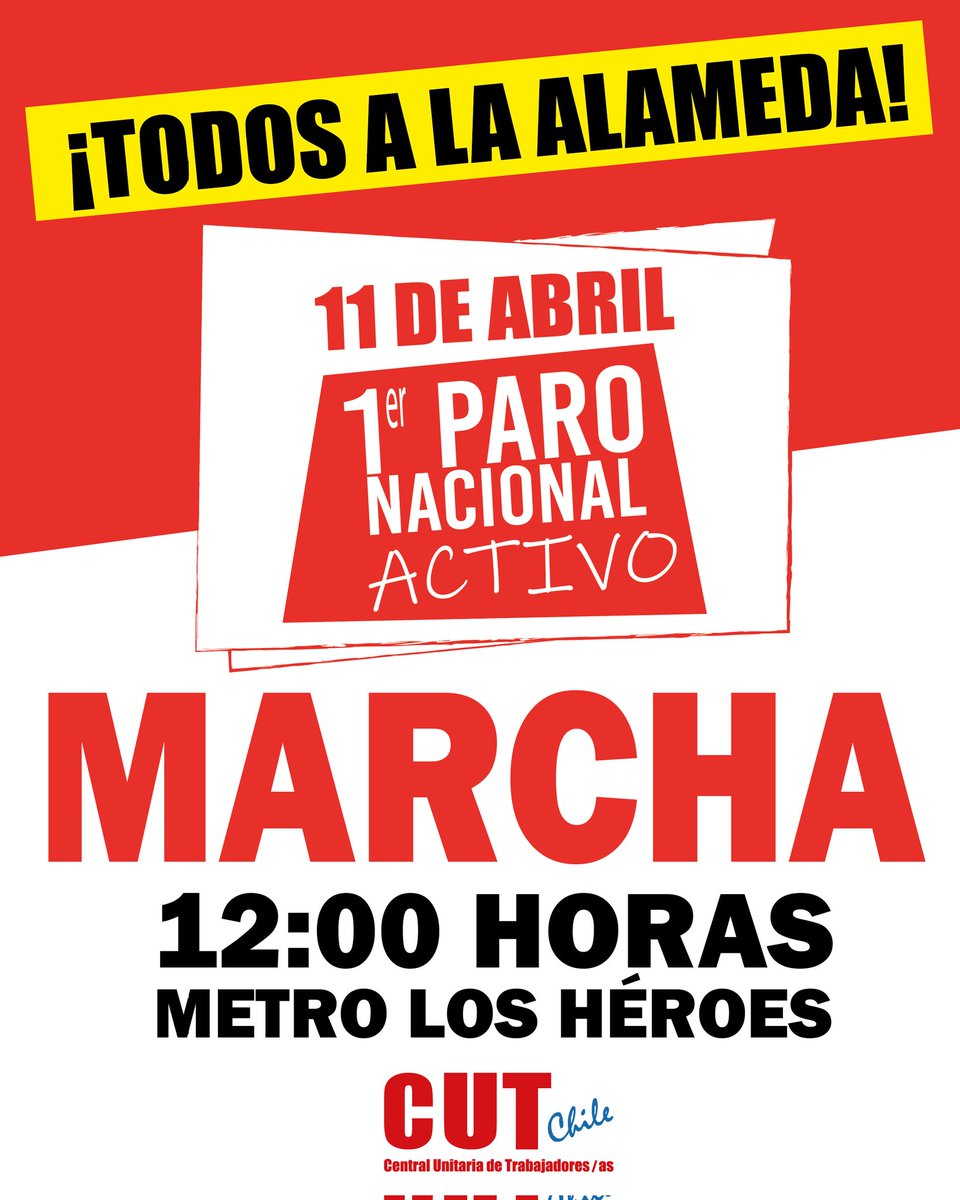 📢 Este jueves #11abril, desde <a href="/uniamericas/">UNI Américas</a> <a href="/UTDTrabajoDigno/">Unidad por Trabajo Digno</a> nos plegamos al #ParoNacionalActivo convocado por la <a href="/Cutchile/">CUT Chile ✍️🗳</a> desde las 12hrs. en 🚇 Los Héroes, por mejores condiciones laborales, un 🇨🇱 más justo, #TrabajoDigno, decente y equitativo.
🗣️Todxs a la Alameda!