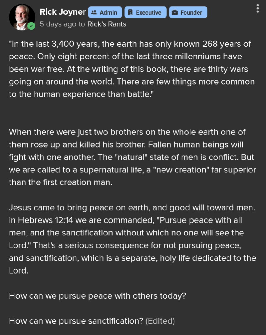 'In the last 3,400 years, the earth has only known 268 years of peace. Only eight percent of the last three millenniums have been war free.' Read more exclusive content from Rick Joyner, on the Morningstar App shorturl.at/kJ148