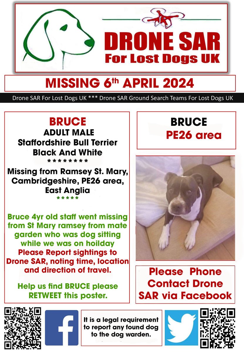 #LostDog #Alert BRUCE Male Staffordshire Bull Terrier Black And White (Age: Adult) Missing from Ramsey St. Mary, Cambridgeshire, PE26 area, East Anglia on Saturday, 6th April 2024 #DroneSAR #MissingDog
