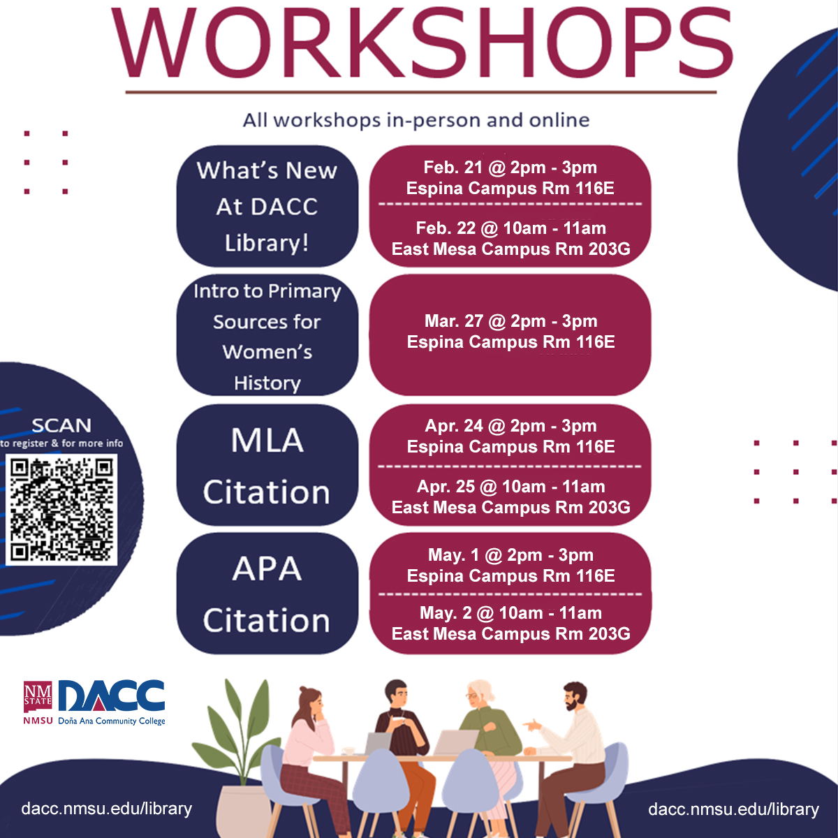 Need help understanding MLA or APA citations? Find out what's new at the DACC Library. Join us for some workshops at the DACC Library Espina Campus and East Mesa Campus. All workshops in-person and online. Visit dacc.nmsu.edu/library for more information. #WeAreDACC
