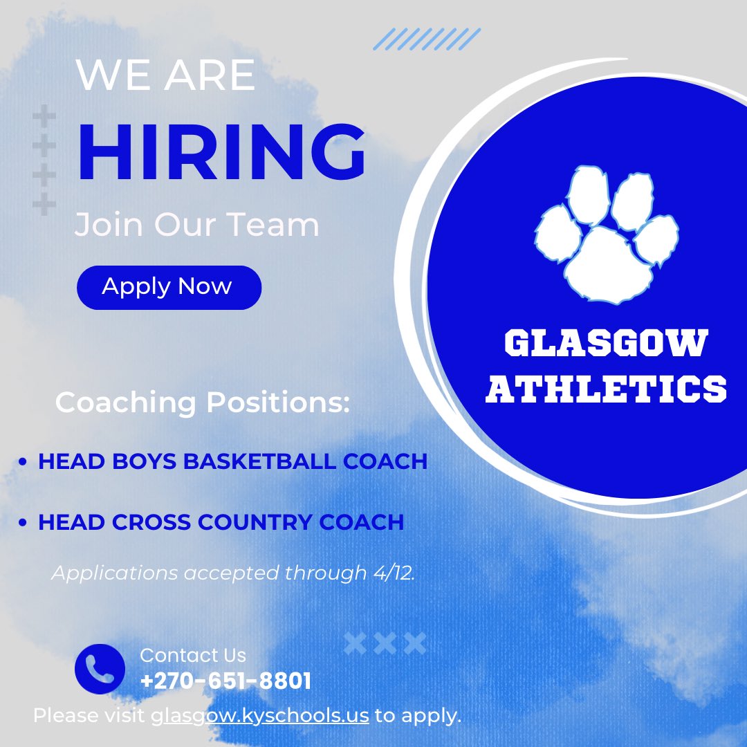 GHS Athletics is actively seeking new coaches to join our team! 🐾 Apply NOW at glasgow.kyschools.us! #ScottiePride #GTownYouKnow