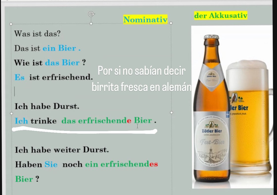 ElDoctorDengue's tweet photo. Amo los ejemplos que da mi profe de alemán en sus lecciones.
Hoy aprendí cómo se dice “yo me tomo una birrita fresca” https://t.co/r9wO6lUfWF