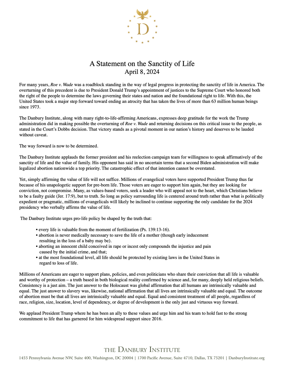 A Statement on the Sanctity of Life — The Republican candidate for the United States presidency issued a position statement regarding abortion April 8, 2024. Against that backdrop, The Danbury Institute conveys the following statement regarding the sanctity of life.…