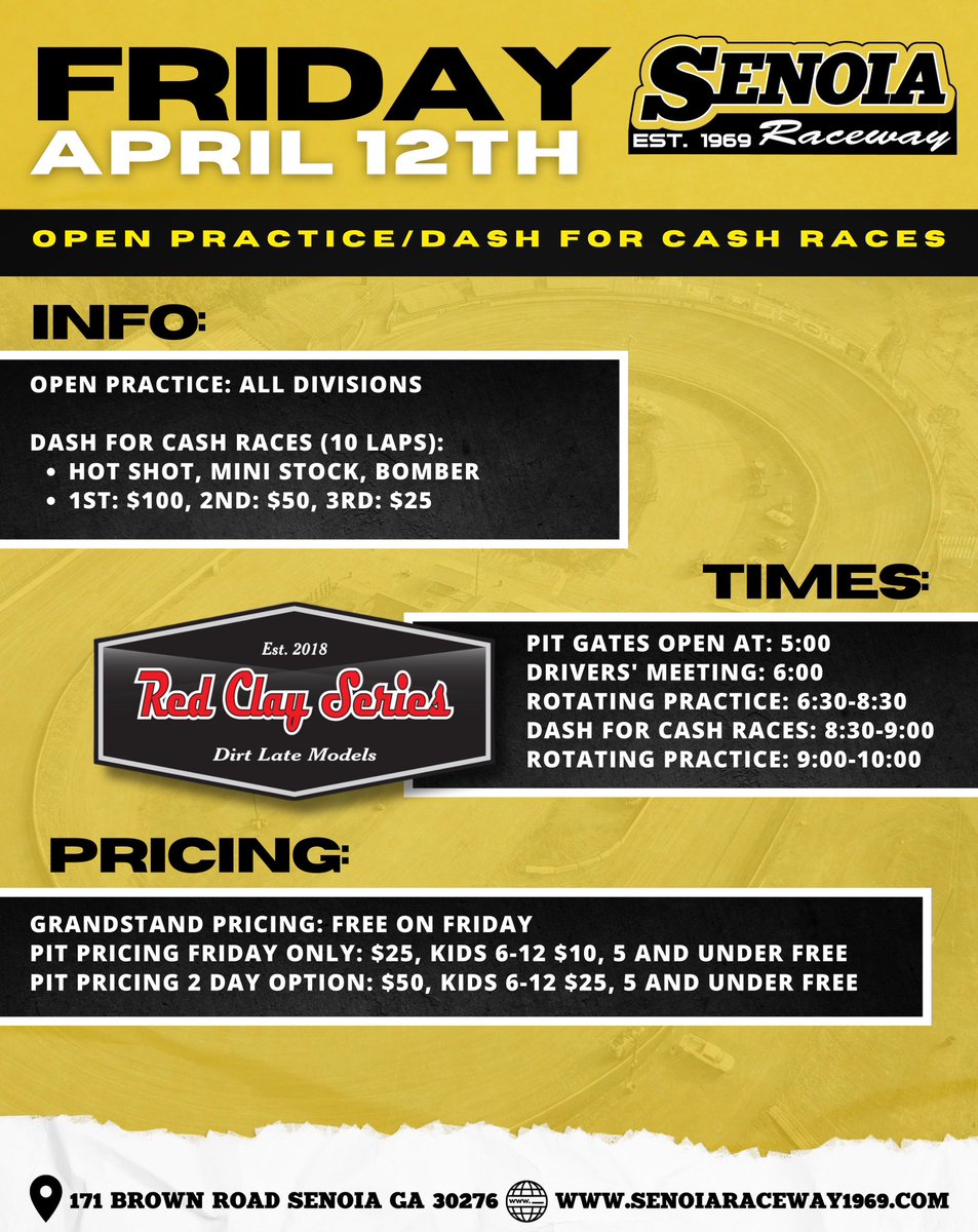THIS FRIDAY at Senoia Raceway - Dash For Cash Races  + Open Practice for All Divisions