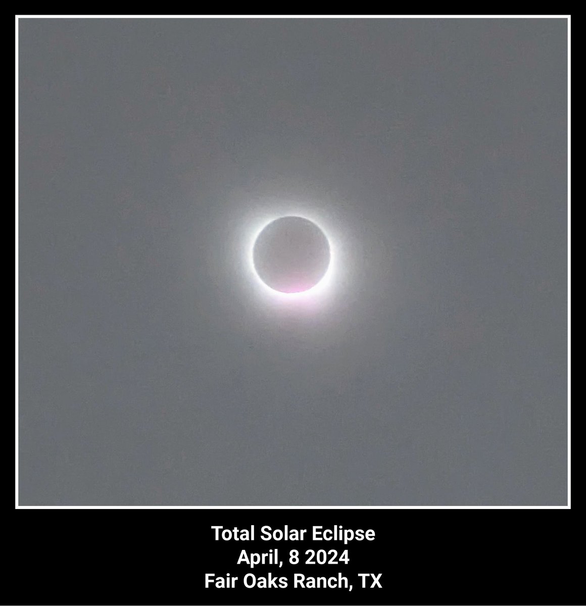 Patiently waited because of thick cloud cover and finally got a decent shot with my phone. I'm sure there are many grumbling about spending tons of money for a hotel room only to land a complete dud.

#eclipse #Eclipse2024 #EclipseSolar2024 #eclipsesolar #TexasHillCountry
