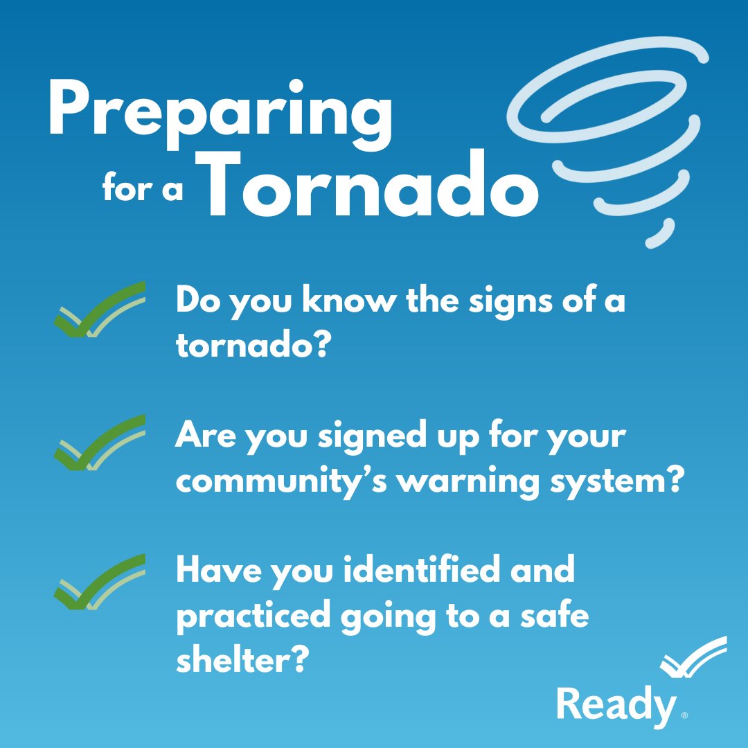 Are tornadoes a big risk in your area? Check out the questions below. Answering these questions is the first step toward planning ahead BEFORE a tornado happens. 🔗 ready.gov/tornadoes#prep…