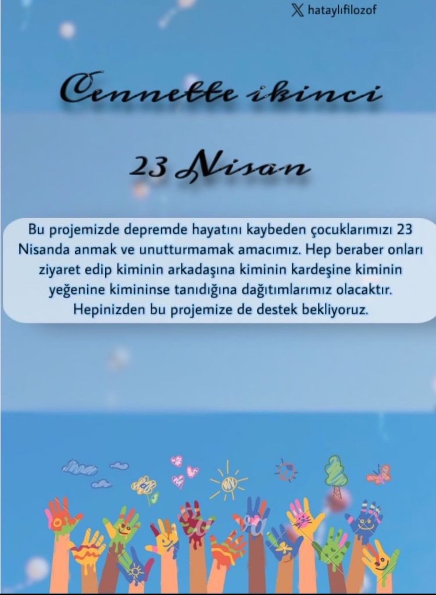 23 Nisan’da kaybettiğimiz çocuklarımızı unutmuyoruz. Depremde vefat eden çocukların mezarlarına balon ve çiçekler bırakacağız . Ve tabii ki çocuklarımıza kıyafetler ve hediyeler alacağız bu konuda sizlerin de desteğini bekliyoruz ❤️ #DepremiUnutmaUnutturma