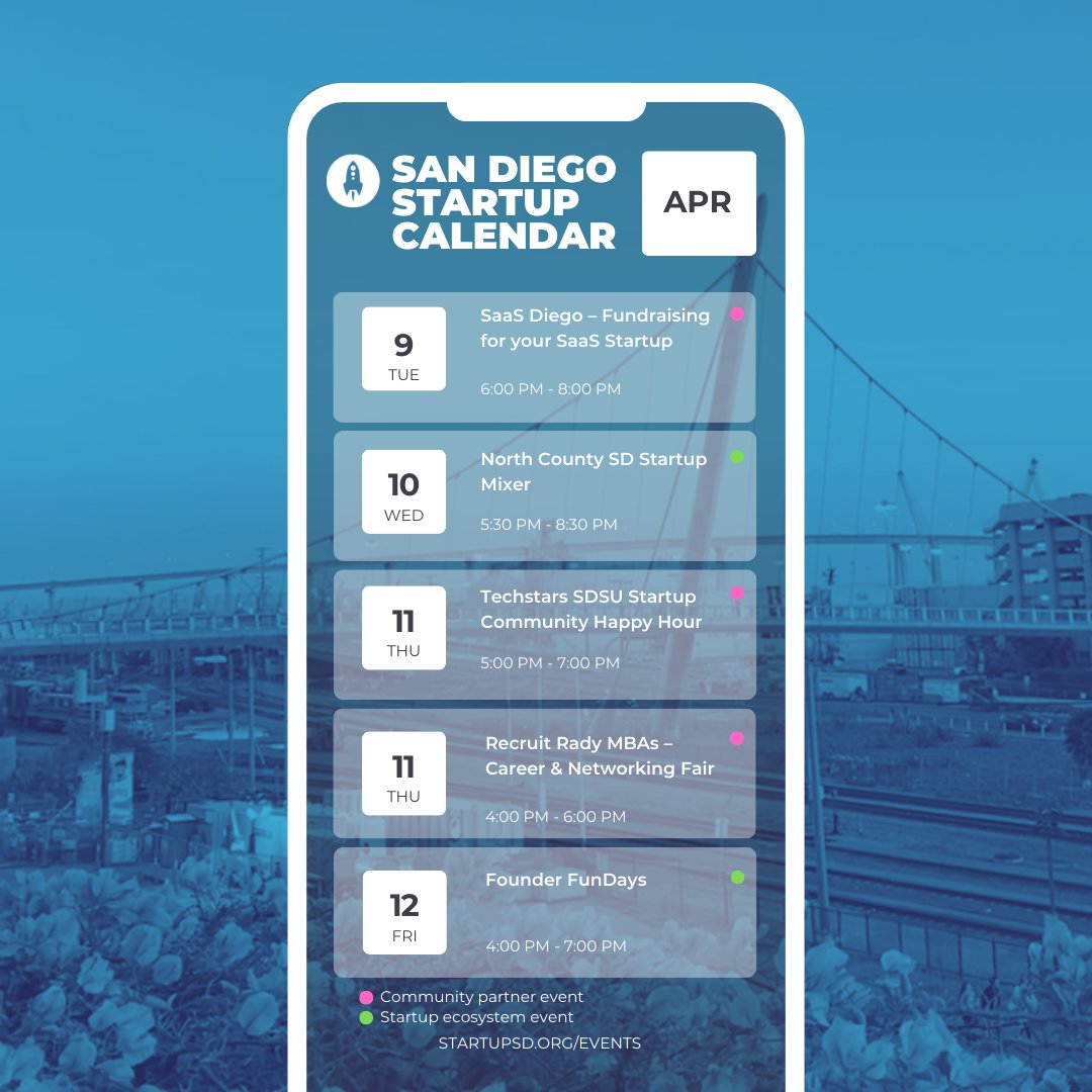 Spring is in full bloom in San Diego, that brings a sense of newness in the air. If you’re new in San Diego or trying to get more involved in the #startup scene, now’s your chance. April 8 - 14 Startup Calendar Highlights: startupsd.org/events/