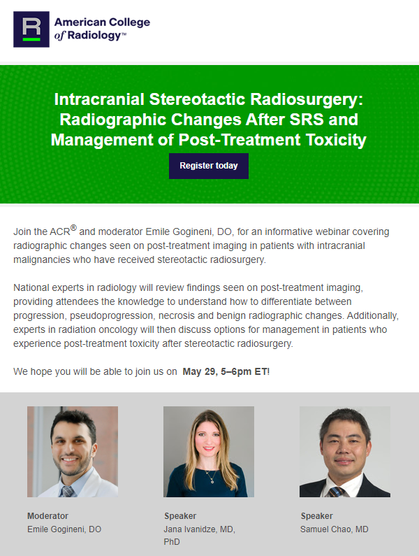 Join the @RadiologyACR and moderator @EmileGogineni for an informative webinar covering radiographic changes seen on post-treatment imaging in patients with intracranial malignancies who have received #stereotacticradiosurgery #radonc acr.org/Clinical-Resou…