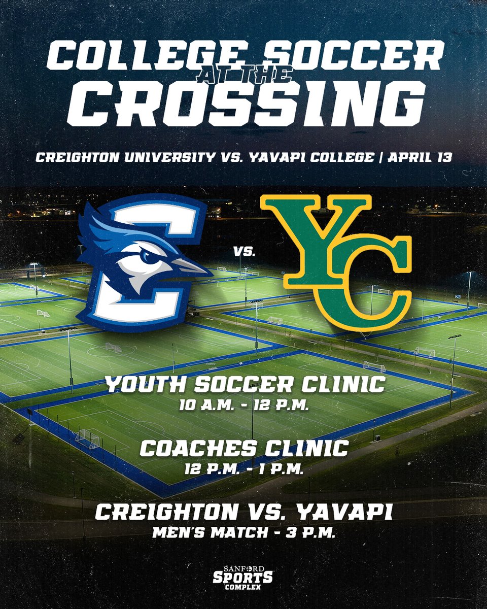 Have you registered for the youth soccer clinic during the @creightonmsoc vs. @Yavapai_MSOC event at the #SanfordSports Complex yet?! It's the last day to receive a FREE t-shirt with registration. Clinic open to boys & girls ages 7-13. Register: bit.ly/4aGWMZS