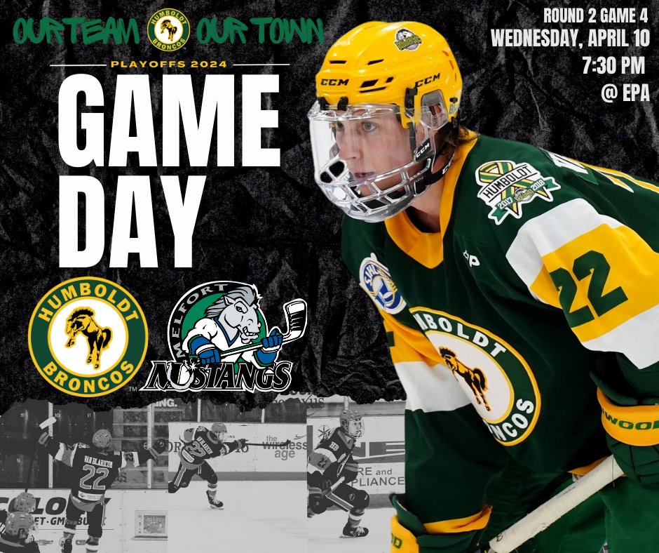 ITS PLAYOFF TIME @ EPA! 🐎 ROUND 2 - GAME 4 - LETS GO BRONCOS! ⏰ 7:30 PM 🏟 Elgar Petersen Arena 🆚 @SJHLmlfmustangs 📺 FloHockey flosports.link/3qICeyO 📻 107.5 Bolt FM Get your tickets 👉 tickets.humboldtbroncos.com #ourteam #ourtown #playoffs2024