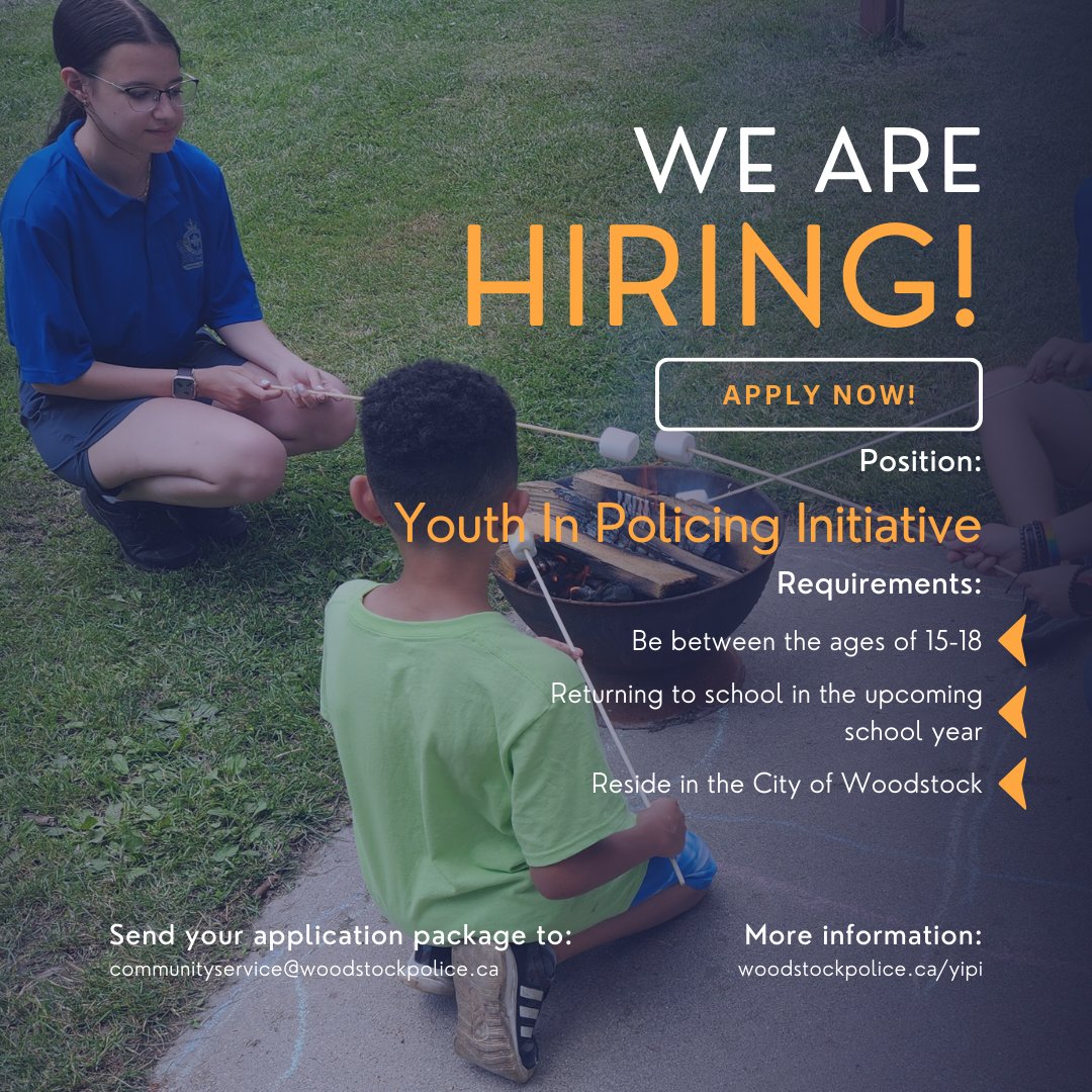 We're hiring for the 2024 Youth In Policing - a full time, paid summer job for Woodstock students. Get a behind the scenes look at WPS & work with a some of our community partners and programs. For more information and to access the application form visit woodstockpolice.ca/yipi