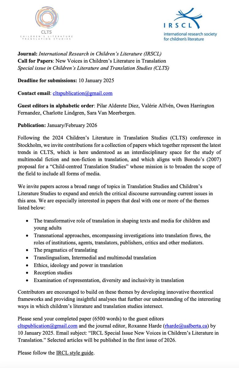 #CFP: New Voices in Children’s Literature in Translation Journal: International Research in Children’s Literature Special issue in Children’s Literature and Translation Studies (CLTS) Deadline for articles: 10 January 2025 Email: cltspublication@gmail.com euppublishing.com/pb-assets/Note…