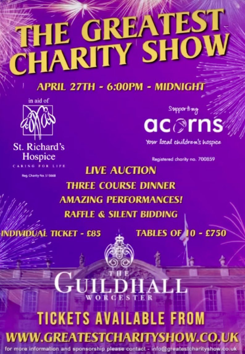 Ladies and Gents this is the moment you've waited for.…. 💜🎤🎪🎭💜 The Greatest Charity Show at The Guildhall Worcester in aid of @AcornsHospice & @StRichardsHosp on Saturday, April 27th. For more information and tickets: greatestcharityshow.co.uk 💜#WorcestershireHour 💜