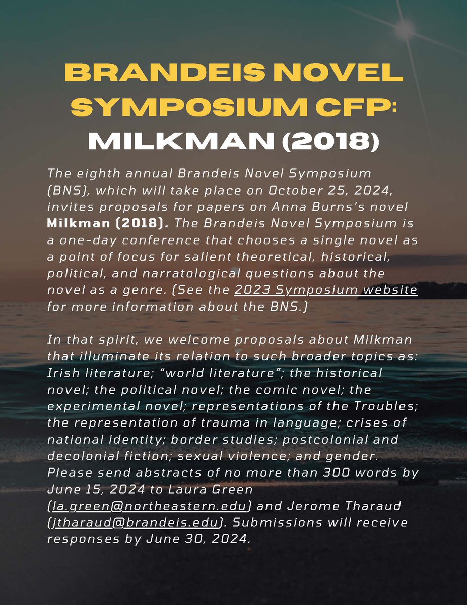 I enjoyed participating in the Brandeis Novel Symposium last year. Had a chance to present on Percival Everett's ERASURE right when AMERICAN FICTION was released to mainstream acclaim. Uncanny! I highly recommend submitting a paper for next year’s gathering, on MILKMAN.