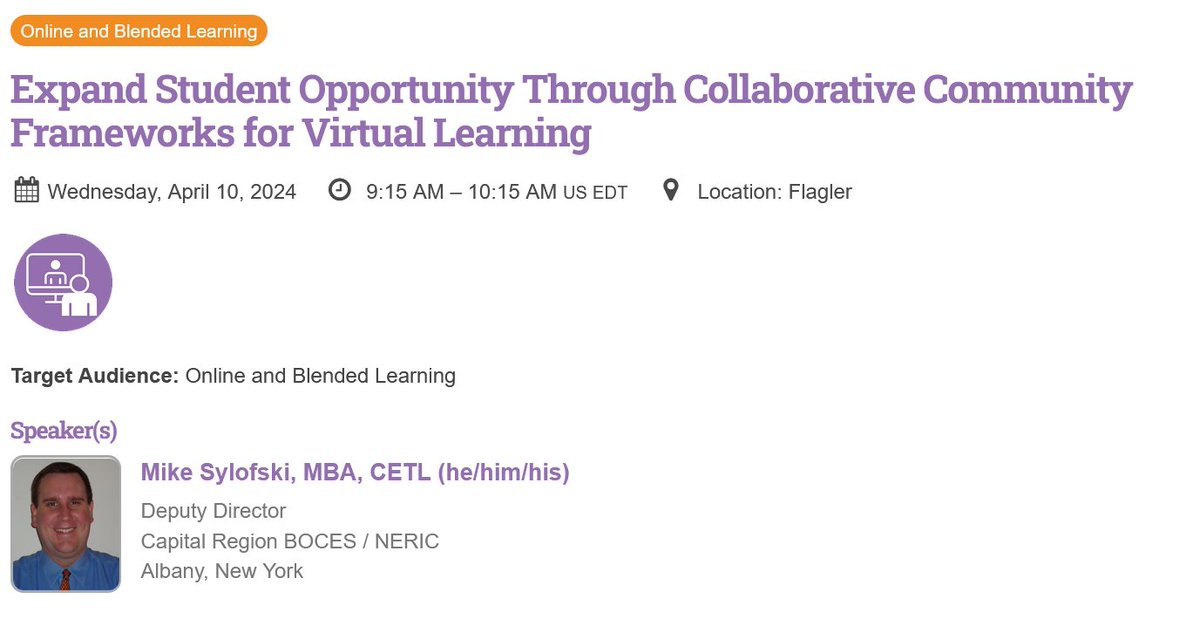 Excited to be able to discuss leveraging a collaborative school community & high quality virtual learning to expand student opportunity! #CoSN2024 @BOCESNERIC @CapRegionBOCES @CoSN