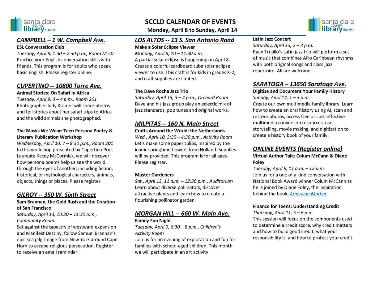 National Poetry Month, Jazz Appreciation Month, and Financial Literacy Month. We've got a lot happening in our libraries! #NationalLibraryWeek Here's a sample of our free programs. Find the full calendar at sccld.org/events/