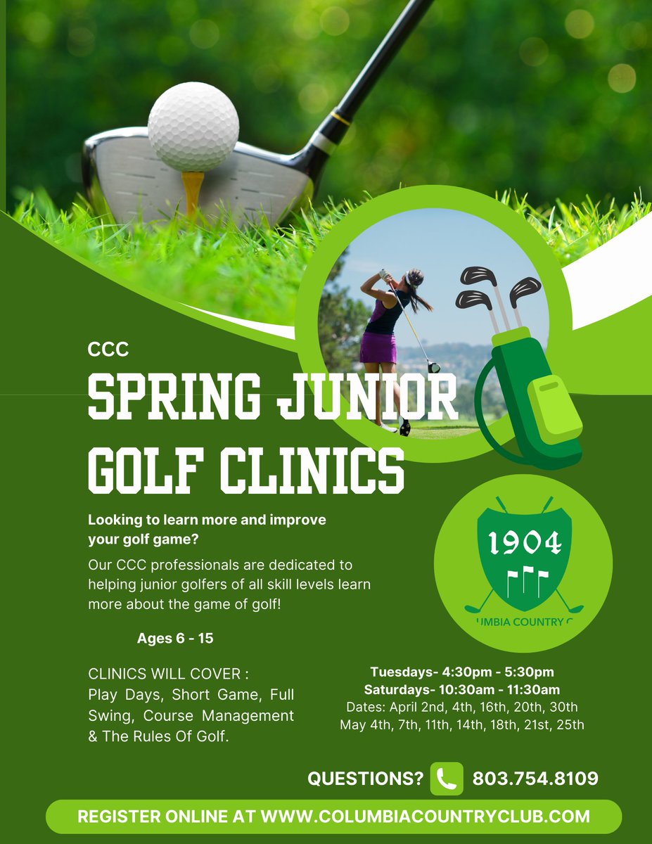 Who’s ready for more junior golf clinics?Junior clinics will now be offered on Saturday mornings! Upcoming Clinics: April 16th, 20th, 30th, May 4th, 7th, 11th, 14th, 18th, 21st, 25th. Tuesdays- 4:30pm - 5:30pm Saturdays- 10:30am - 11:30am Register your child online!