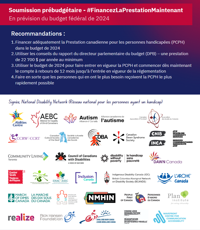 DAWNRAFHCanada's tweet image. En prévision du budget fédéral, rappelons au gouvernement sa responsabilité envers les communautés marginalisées.

Financer la Prestation canadienne pour les personnes handicapées est une nécessité, pas une option. 

#30pourcent #PCPH #CDB #BudgetFédéral