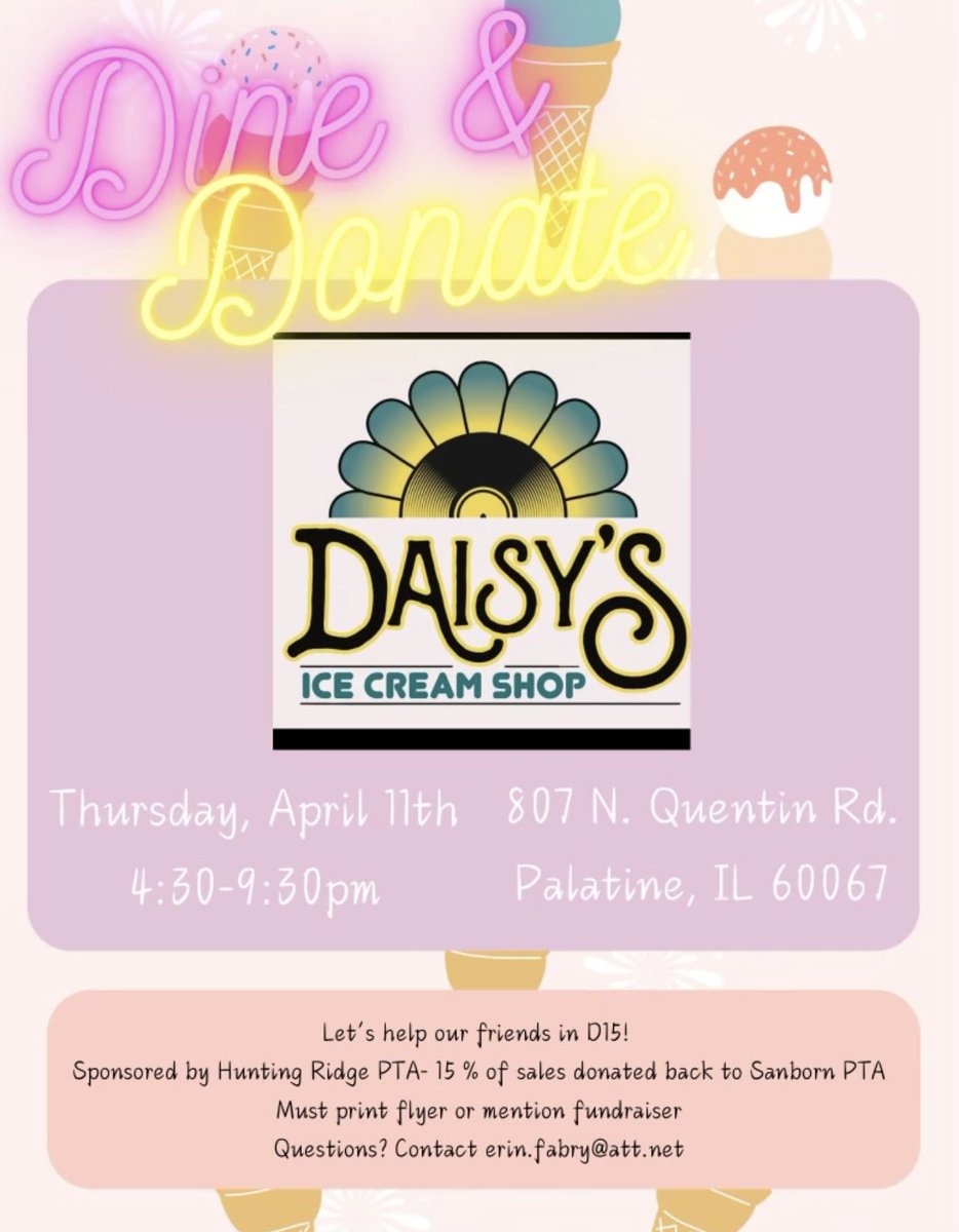 Need lunch, dinner, or dessert plans this Thursday?!? Consider supporting Sanborn’s PTA at the Taco Shop or at Daisy’s ice cream shop! Thank you to the Hunting Ridge PTA for organizing and sponsoring this Dine &amp; Share!! We are grateful for your kindness!