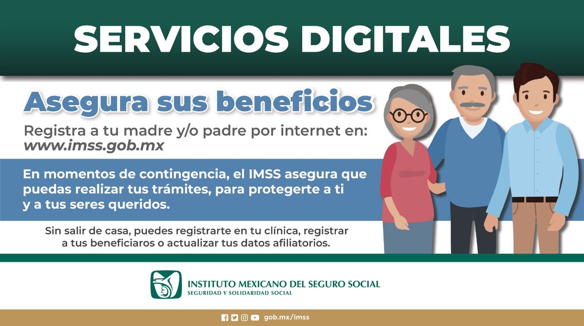 Servicios digitales #IMSS 🧑‍💻

Registra a tu madre y/o padre 👩‍🦰👨‍🦰por internet en imss.gob.mx y asegura sus beneficios