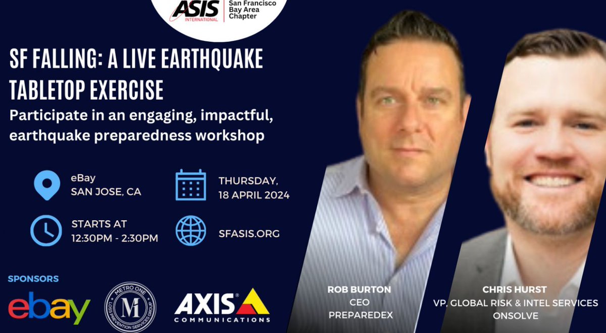 Come and hear Rob Burton CEO/PreparedEX and Chris Hurst VP Global Risk and Intel Services/ONSOLVE as they discuss how to improve your organization’s readiness for earthquakes.  Register here: buff.ly/43OzOxK #bayarea #ebay #metroone #sanfran #earthquakepreparedness
