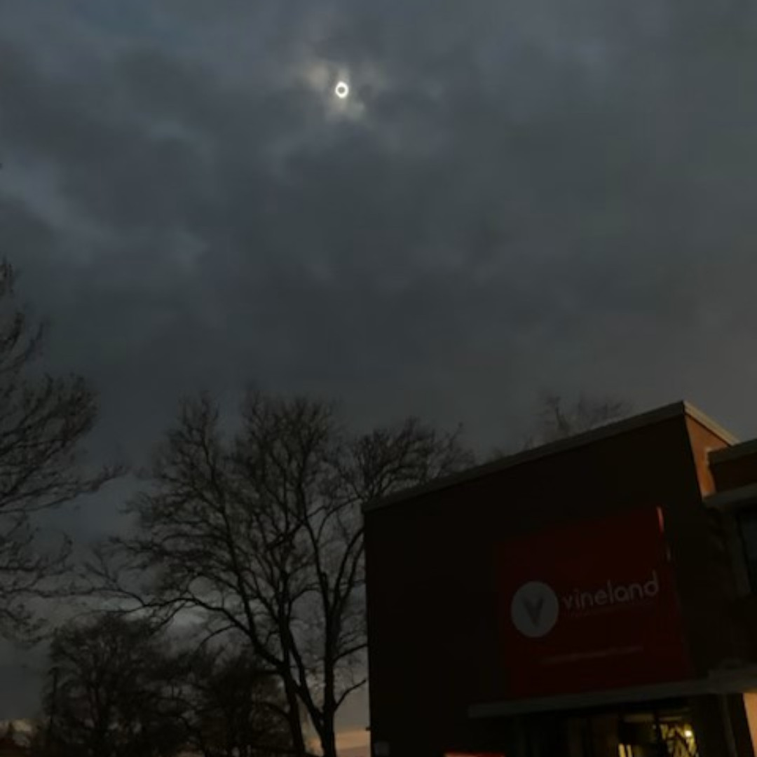 For a few brief moments the moon traveled in front of the sun, the temperature dropped & the sky went dark with a view of the eclipse just above Vineland's administration offices. A unique experience! #Eclipse2024 #TotalEclipse #EclipseWatching #CelestialEvent #VinelandResearch