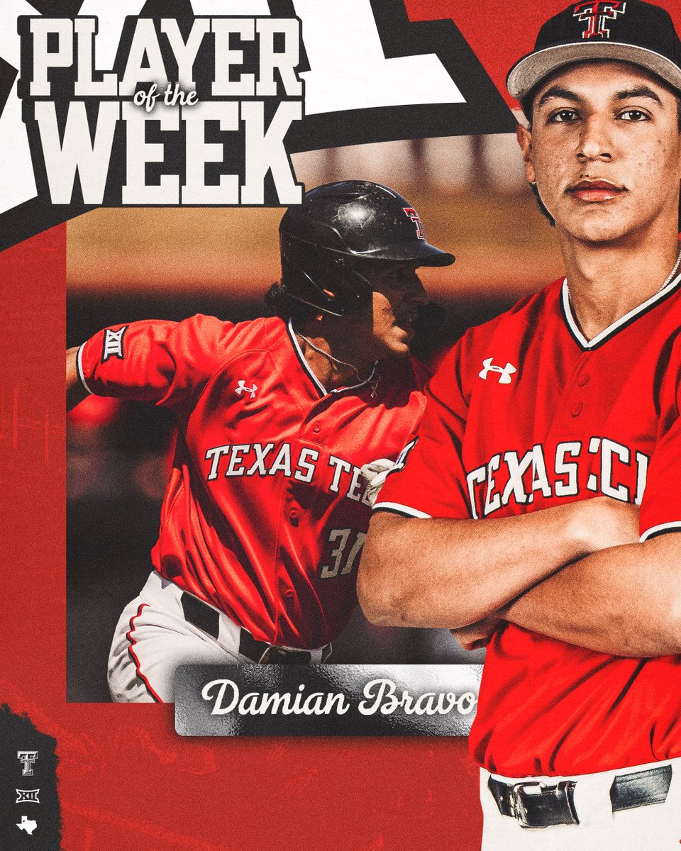 TTU_Baseball's tweet photo. The real deal 😎

Fresh off scoring 12 runs and driving eight, Bravo has been named the @Big12Conference Player of the Week! 

#WreckEm | @bravoo2248 https://t.co/zSs3JsV7wl