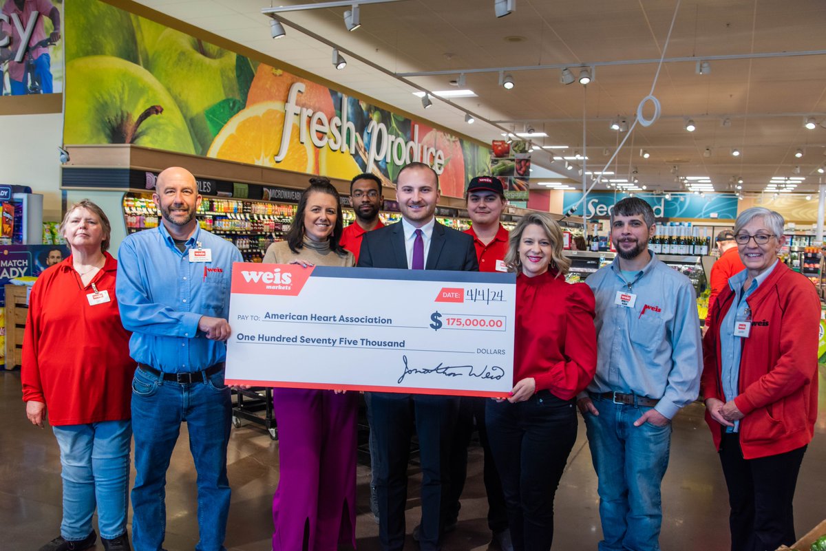 In February @weismarkets associates &amp; customers generated a $175,000 donation for the American Heart Association's Life is Why program. This is a combined customer and company donation: Read more bit.ly/3U5K7cD