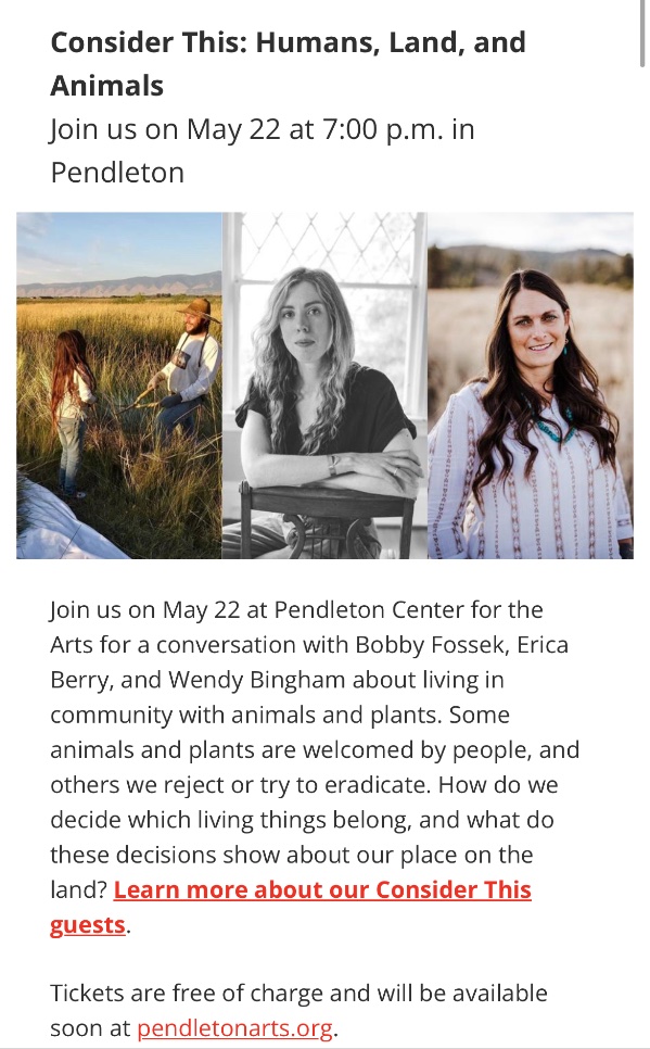 Deeply looking forward to this next month—a conversation about fear, belonging, and the natural world, with @orhumanities at @pendletonarts. And it’s free! oregonhumanities.org/programs/consi…