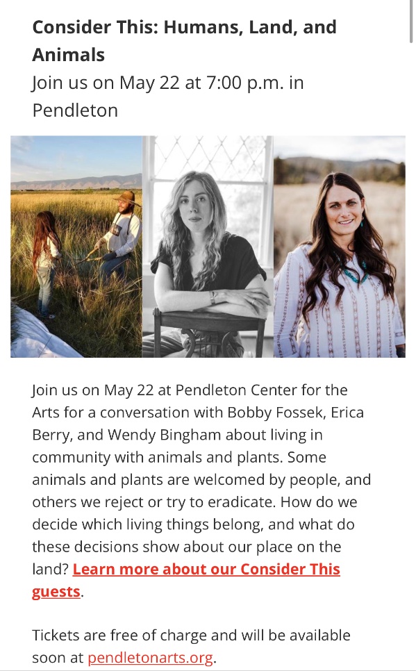Erica Berry (@ericajberry) on Twitter photo Deeply looking forward to this next monthāa conversation about fear, belonging, and the natural world, with <a href="/orhumanities/">Oregon Humanities</a> at <a href="/pendletonarts/">Pendleton Arts</a>. And itās free! oregonhumanities.org/programs/consi⦠Deeply looking forward to this next monthāa conversation about fear, belonging, and the natural world, with <a href="/orhumanities/">Oregon Humanities</a> at <a href="/pendletonarts/">Pendleton Arts</a>. And itās free! oregonhumanities.org/programs/consiā¦