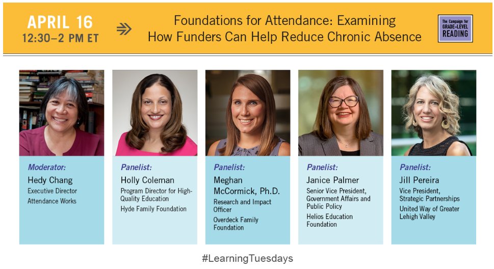 Join us & @readingby3rd for a Funder-to-Funder convo on 4/16 12:30pm ET, examining the roles #Philanthropy can play to get kids to #SchoolEveryDay + reduce #ChronicAbsenteeism Ft. @HeliosEdFnd @UnitedWayGLV @Meghan_McCorm + Hyde Family Foundation Register: ow.ly/oIcO50PMf8y