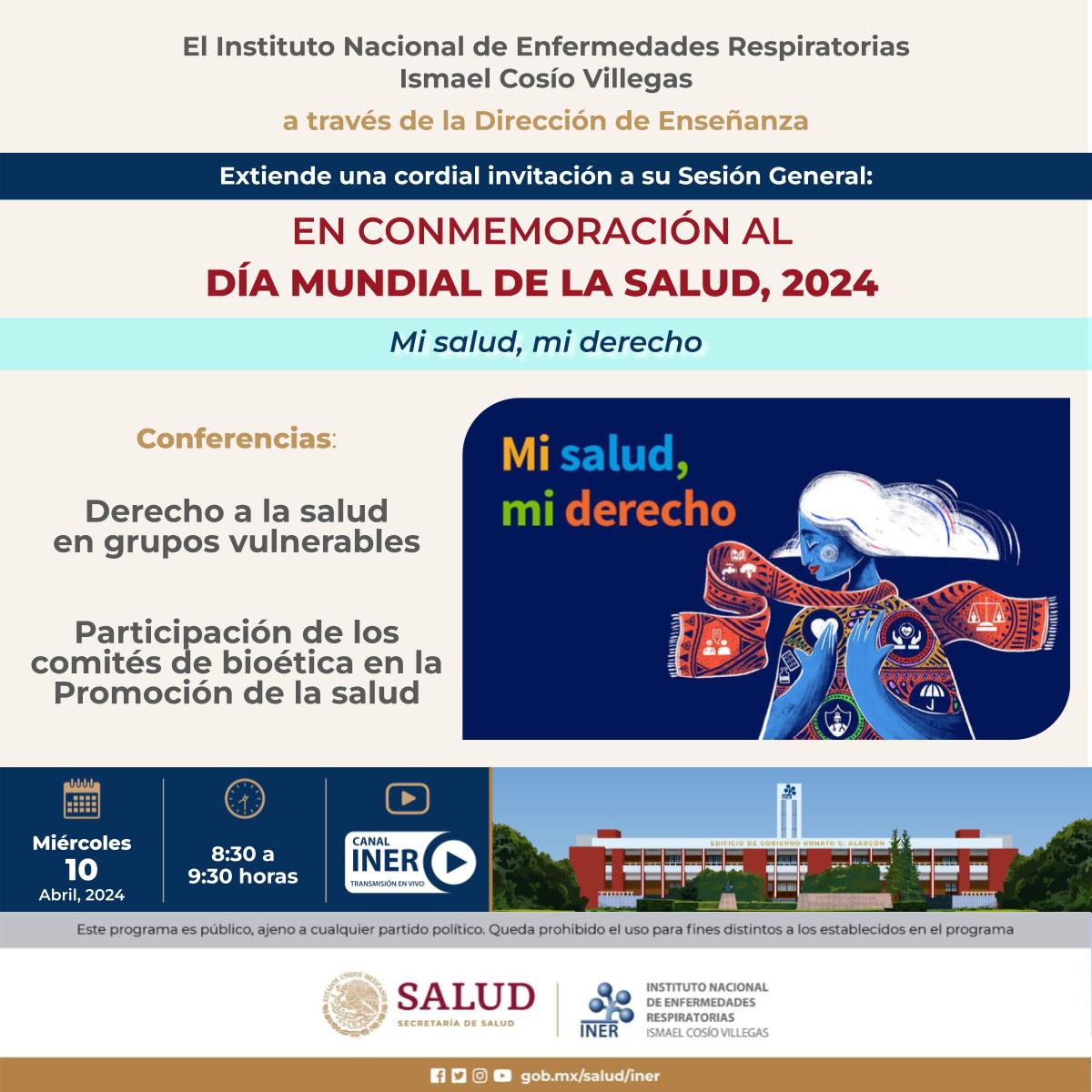 El INER extiende una cordial invitación a la Sesión General en Conmemoración al DÍA MUNDIAL DE LA SALUD, 2024:
Mi salud, mi derecho
🗓 Miércoles 10 de abril de 2024, 08:30 horas.
☑ Liga de visualización: 
youtube.com/watch?v=GuFP2m…
#INER #EspecialistasINER