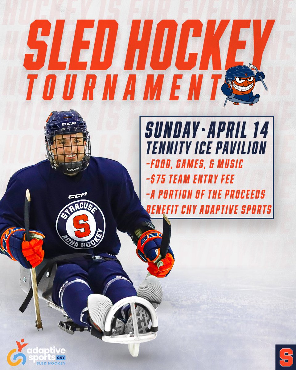 🗣️ SLED HOCKEY TOURNEY! The Syracuse Mens Hockey program is hosting a sled hockey tournament on Sunday, April 14th to benefit CNY Adaptive Sports. 4-5 players per team, $75 team entry fee. Use the link in our bio for more details, to sign up, or to donate.