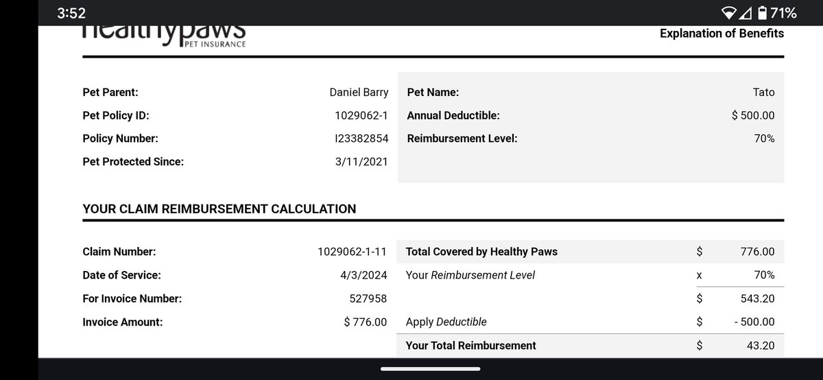 Healthy Paws pet insurance covered exactly $43.20 of a $770 bill. So if you need any shirts, wrestling buddies, signed pics, old gear, anything. Hit me up.